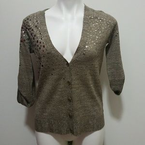 J. Crew Brown Beaded Wool Linen V-Neck Cardigan